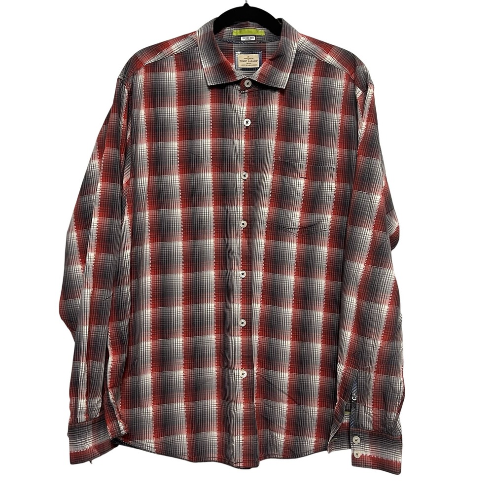 Tommy‎ Bahama Jeans Red Gray Plaid Men's XL Cotton Long Sleeve Shirt